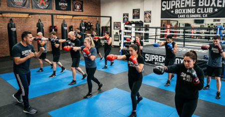 Members training together in group boxing classes at Supreme Boxer Boxing Club in Lake Elsinore