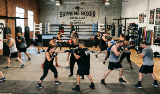 Boxers training during group boxing classes at Supreme Boxer Boxing Club near Wildomar, CA