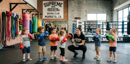 Toddlers learning beginner boxing drills at Supreme Boxer Boxing Club near Murrieta, CA