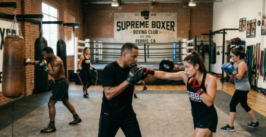 Boxing coach training athletes at Supreme Boxer Boxing Club near Perris, CA